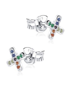 Letter X With Colorful Stone Silver Ear Stud STS-5328